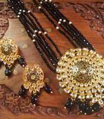 Black designer floral meenakari kundan studed onyx stone multilayer necklace set with earrings