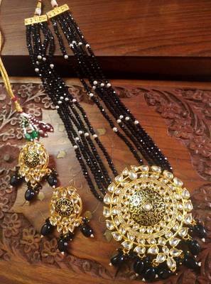 Black designer floral meenakari kundan studed onyx stone multilayer necklace set with earrings 2