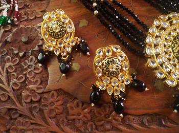 Black designer floral meenakari kundan studed onyx stone multilayer necklace set with earrings 3