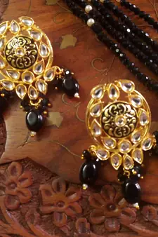 Black designer floral meenakari kundan studed onyx stone multilayer necklace set with earrings