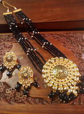 Black designer floral meenakari kundan studed onyx stone multilayer necklace set with earrings 4