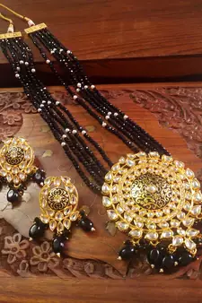Black designer floral meenakari kundan studed onyx stone multilayer necklace set with earrings