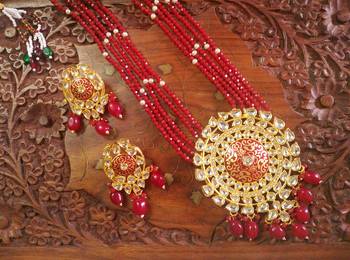 Red designer floral meenakari kundan studed onyx stone multilayer necklace set with earrings 1