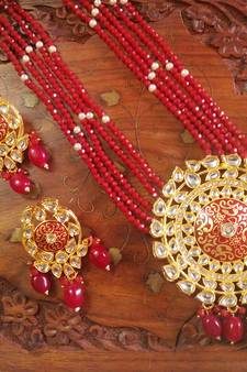 Red designer floral meenakari kundan studed onyx stone multilayer necklace set with earrings