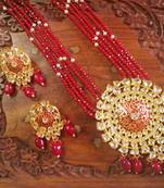 Red designer floral meenakari kundan studed onyx stone multilayer necklace set with earrings