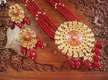 Red designer floral meenakari kundan studed onyx stone multilayer necklace set with earrings 2