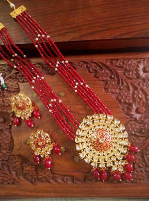 Red designer floral meenakari kundan studed onyx stone multilayer necklace set with earrings 3