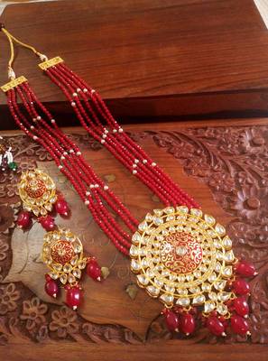 Red designer floral meenakari kundan studed onyx stone multilayer necklace set with earrings 4