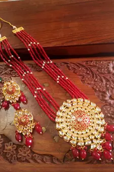 Red designer floral meenakari kundan studed onyx stone multilayer necklace set with earrings