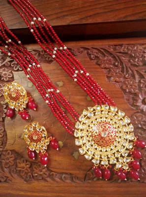 Red designer floral meenakari kundan studed onyx stone multilayer necklace set with earrings 5