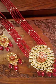 Red designer floral meenakari kundan studed onyx stone multilayer necklace set with earrings