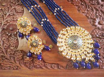 Blue designer floral meenakari kundan studed onyx stone multilayer necklace set with earrings 1