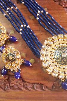 Blue designer floral meenakari kundan studed onyx stone multilayer necklace set with earrings