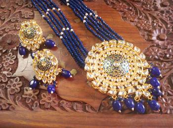 Blue designer floral meenakari kundan studed onyx stone multilayer necklace set with earrings 2