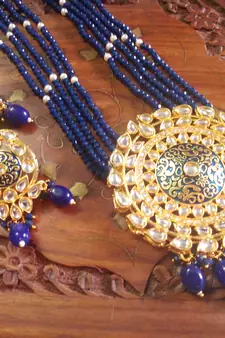 Blue designer floral meenakari kundan studed onyx stone multilayer necklace set with earrings