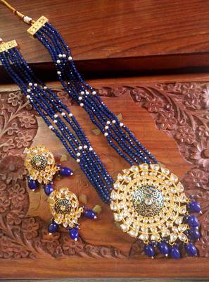 Blue designer floral meenakari kundan studed onyx stone multilayer necklace set with earrings 3