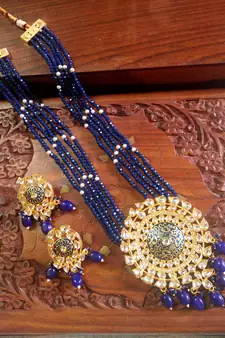 Blue designer floral meenakari kundan studed onyx stone multilayer necklace set with earrings