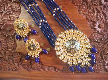 Blue designer floral meenakari kundan studed onyx stone multilayer necklace set with earrings 4
