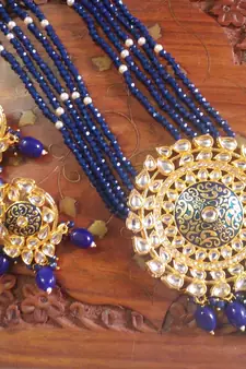 Blue designer floral meenakari kundan studed onyx stone multilayer necklace set with earrings