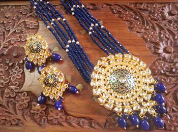 Blue designer floral meenakari kundan studed onyx stone multilayer necklace set with earrings 5