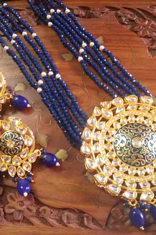Blue designer floral meenakari kundan studed onyx stone multilayer necklace set with earrings
