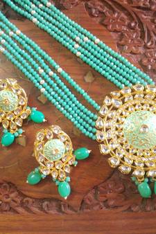 Turquoise designer floral meenakari kundan studed onyx stone multilayer necklace set with earrings