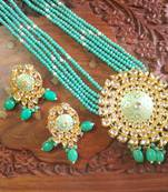 Turquoise designer floral meenakari kundan studed onyx stone multilayer necklace set with earrings