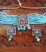 Turquoise DESIGNER FLORAL KUNDAN STUDED ONYX STONE MULTILAYER CHOKER NECKLACE SET WITH EARRINGS