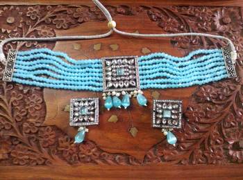 Turquoise DESIGNER FLORAL KUNDAN STUDED ONYX STONE MULTILAYER CHOKER NECKLACE SET WITH EARRINGS 2