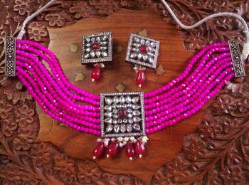 Pink DESIGNER FLORAL KUNDAN STUDED ONYX STONE MULTILAYER CHOKER NECKLACE SET WITH EARRINGS 1