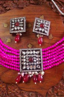 Pink DESIGNER FLORAL KUNDAN STUDED ONYX STONE MULTILAYER CHOKER NECKLACE SET WITH EARRINGS