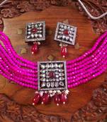 Pink DESIGNER FLORAL KUNDAN STUDED ONYX STONE MULTILAYER CHOKER NECKLACE SET WITH EARRINGS