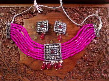 Pink DESIGNER FLORAL KUNDAN STUDED ONYX STONE MULTILAYER CHOKER NECKLACE SET WITH EARRINGS 2