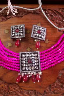 Pink DESIGNER FLORAL KUNDAN STUDED ONYX STONE MULTILAYER CHOKER NECKLACE SET WITH EARRINGS