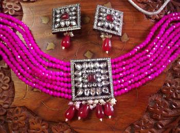 Pink DESIGNER FLORAL KUNDAN STUDED ONYX STONE MULTILAYER CHOKER NECKLACE SET WITH EARRINGS 3