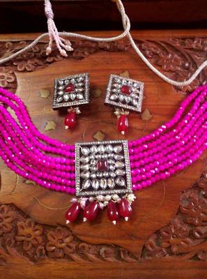 Pink DESIGNER FLORAL KUNDAN STUDED ONYX STONE MULTILAYER CHOKER NECKLACE SET WITH EARRINGS 4