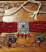 Red DESIGNER FLORAL KUNDAN STUDED ONYX STONE MULTILAYER CHOKER NECKLACE SET WITH EARRINGS