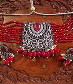 Red DESIGNER FLORAL KUNDAN STUDED ONYX STONE MULTILAYER CHOKER NECKLACE SET WITH EARRINGS
