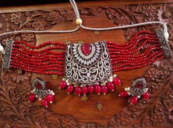 Red DESIGNER FLORAL KUNDAN STUDED ONYX STONE MULTILAYER CHOKER NECKLACE SET WITH EARRINGS 4