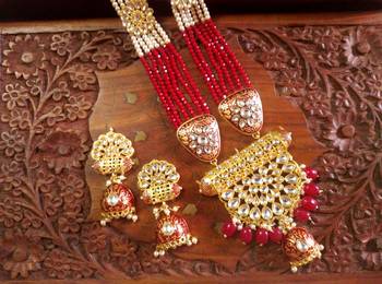 Red designer floral meenakari kundan studed onyx stone multilayer necklace set with earrings 1