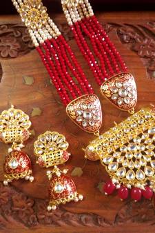 Red designer floral meenakari kundan studed onyx stone multilayer necklace set with earrings