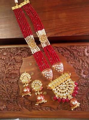 Red designer floral meenakari kundan studed onyx stone multilayer necklace set with earrings 2