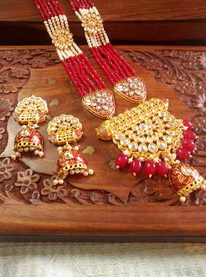 Red designer floral meenakari kundan studed onyx stone multilayer necklace set with earrings 3
