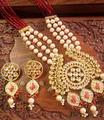 Red DESIGNER FLORAL MEENAKARI KUNDAN STUDED ONYX STONE MULTILAYER NECKLACE SET WITH EARRINGS