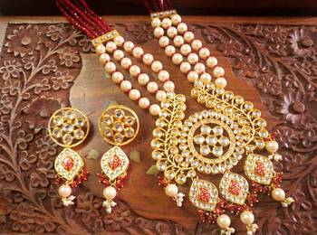 Red DESIGNER FLORAL MEENAKARI KUNDAN STUDED ONYX STONE MULTILAYER NECKLACE SET WITH EARRINGS 2
