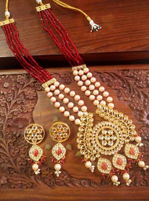 Red DESIGNER FLORAL MEENAKARI KUNDAN STUDED ONYX STONE MULTILAYER NECKLACE SET WITH EARRINGS 4