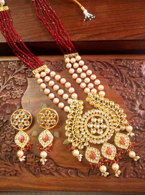 Red DESIGNER FLORAL MEENAKARI KUNDAN STUDED ONYX STONE MULTILAYER NECKLACE SET WITH EARRINGS 5
