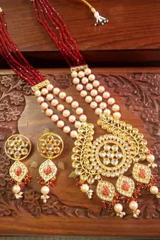 Red DESIGNER FLORAL MEENAKARI KUNDAN STUDED ONYX STONE MULTILAYER NECKLACE SET WITH EARRINGS