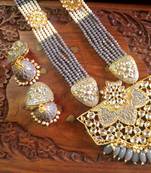Gold designer floral meenakari kundan studed onyx stone multilayer necklace set with earrings