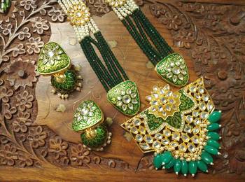 Green designer floral meenakari kundan studed onyx stone multilayer necklace set with earrings 1